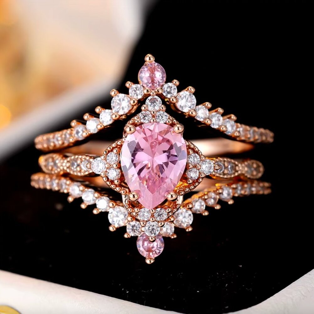 NEW 14k Rose Gold Pink Sapphire Pear Cut Diamond Ring Tear Drop Ring